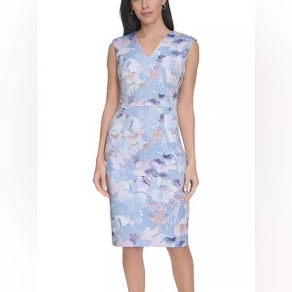 Calvin Klein Floral V-Neck Midi Dress - Blue and Pink